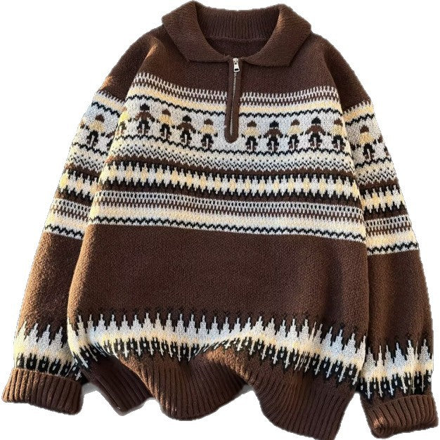 Damen Jacquard-Halbzip-Pullover mit Polokragen und Norweger‑Intarsie Nord Taschen