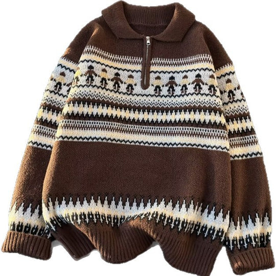 Damen Jacquard-Halbzip-Pullover mit Polokragen und Norweger‑Intarsie Nord Taschen