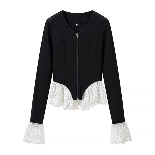 Damen Taillierte Zip‑Jacke mit Spitzenvolant am Saum und Ärmelabschluss Nord Taschen