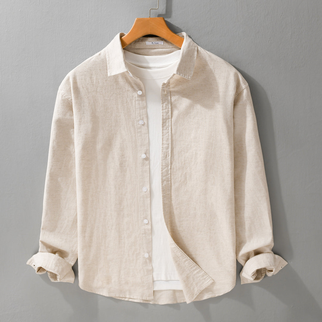 Herren Leinenmix-Layering-Overshirt mit Kentkragen, gerundetem Saum und Soft‑Touch Nord Taschen