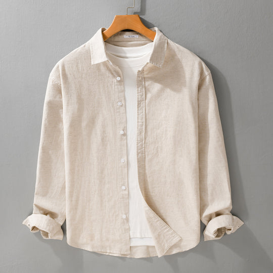 Herren Leinenmix-Layering-Overshirt mit Kentkragen, gerundetem Saum und Soft‑Touch Nord Taschen