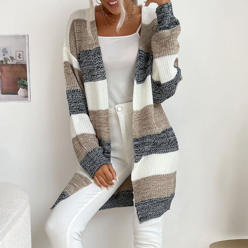 Damen Lässiger Strickmantel mit Streifen Nord Taschen