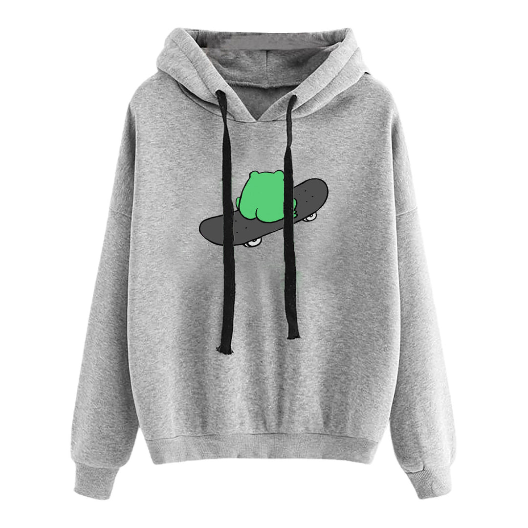 Damen nan kurz geschnittener Cropped-Kapuzenpullover mit niedlicher Frosch-Illustration und verstellbarer Kapuze Nord Taschen