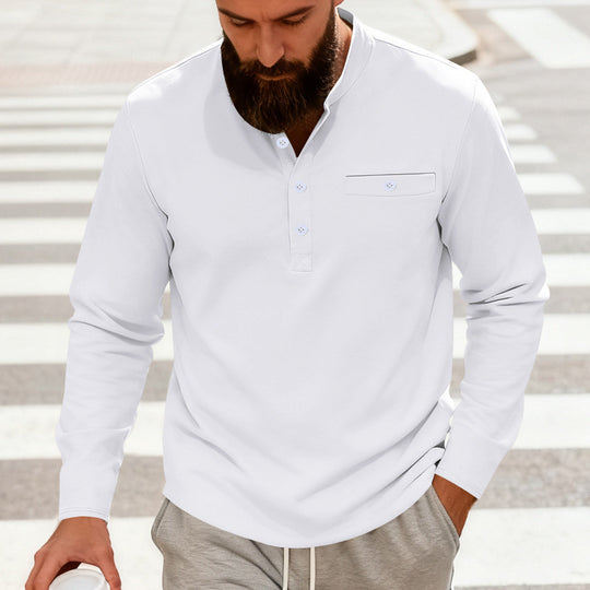 Herren Lässiges Henley-Langarmshirt mit Stehkragen, Brusttasche und abgerundetem Saum Nord Taschen