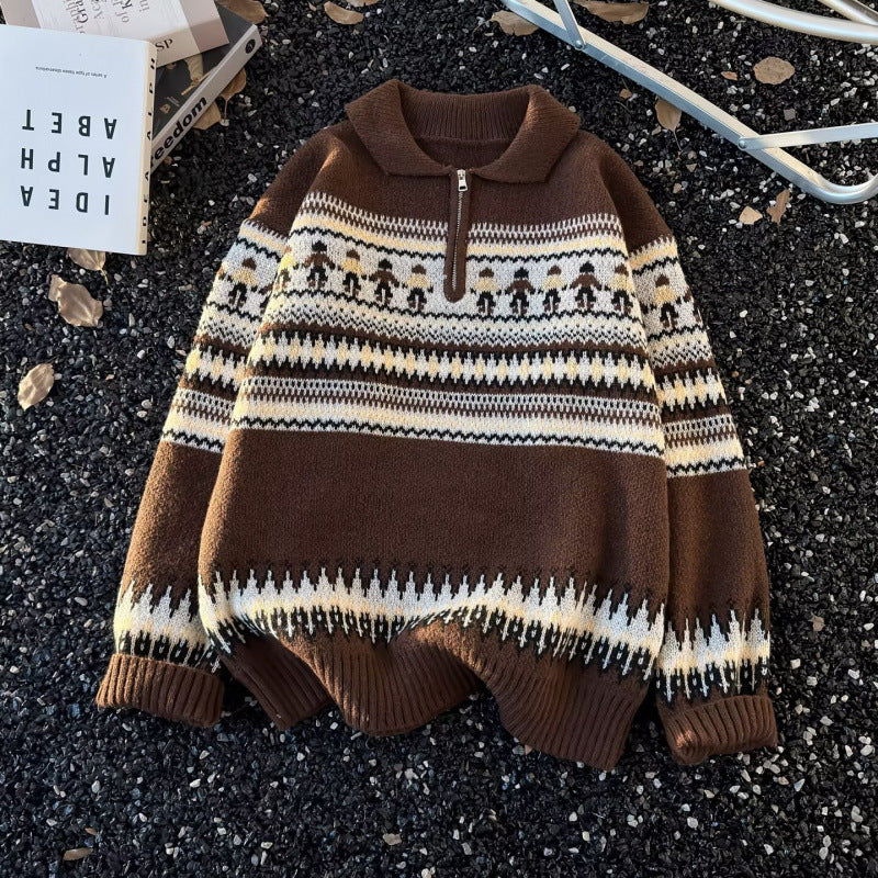 Damen Jacquard-Halbzip-Pullover mit Polokragen und Norweger‑Intarsie Nord Taschen
