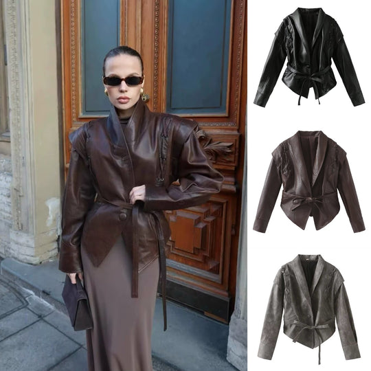 Damen Kurzjacke im Wildlederlook mit Schalkragen, Schnürdetails und Taillengürtel Nord Taschen