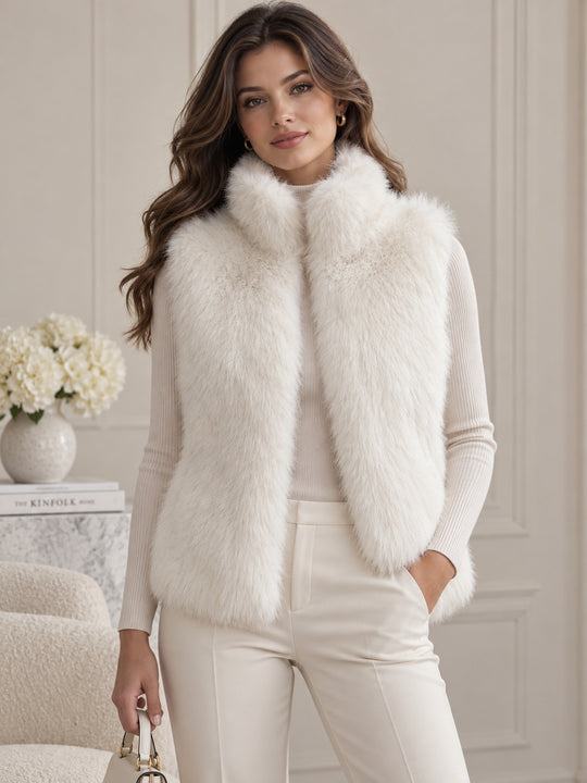 Damen Ärmellose Teddy‑Kunstfellweste mit dichtem Hochflor und Stehkragen Nord Taschen
