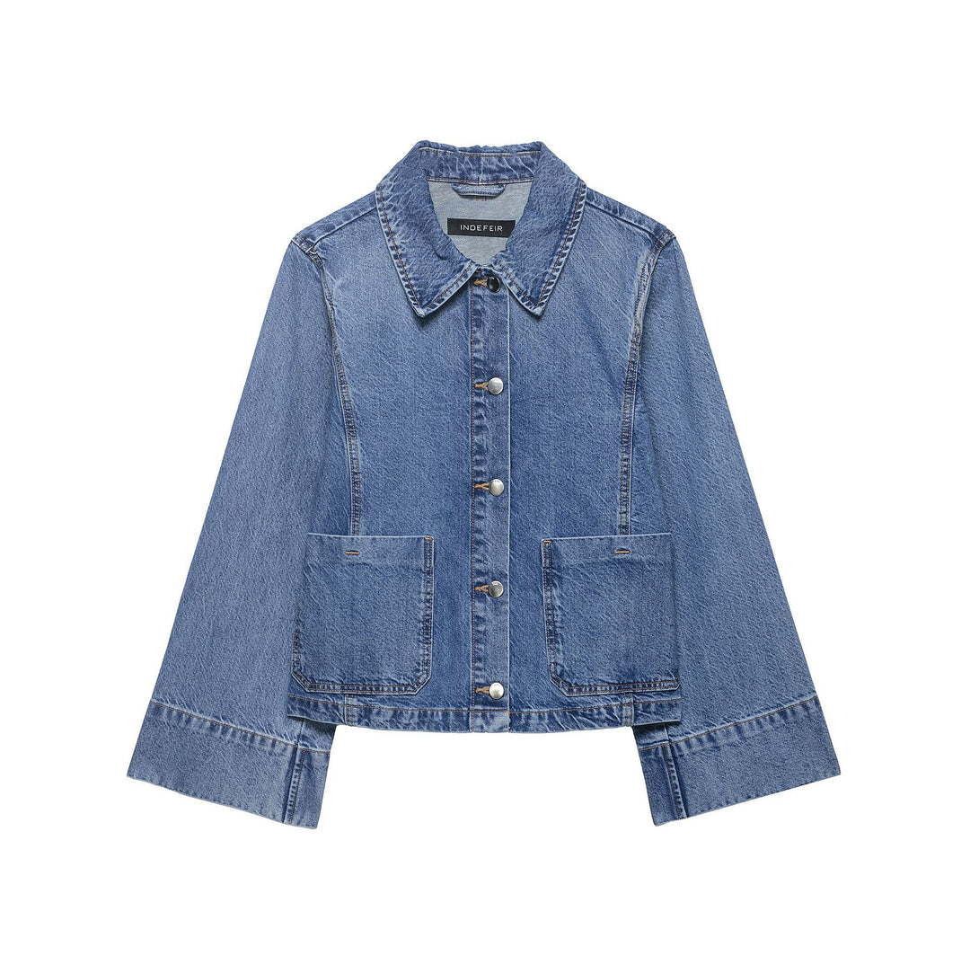 Damen Cropped Oversize-Jeansjacke mit großen aufgesetzten Taschen und sichtbarer Knopfleiste Nord Taschen