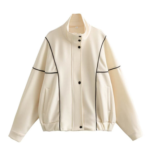 Damen Boxy Oversize Bomberjacke mit Kontrastpaspeln und Stehkragen Nord Taschen