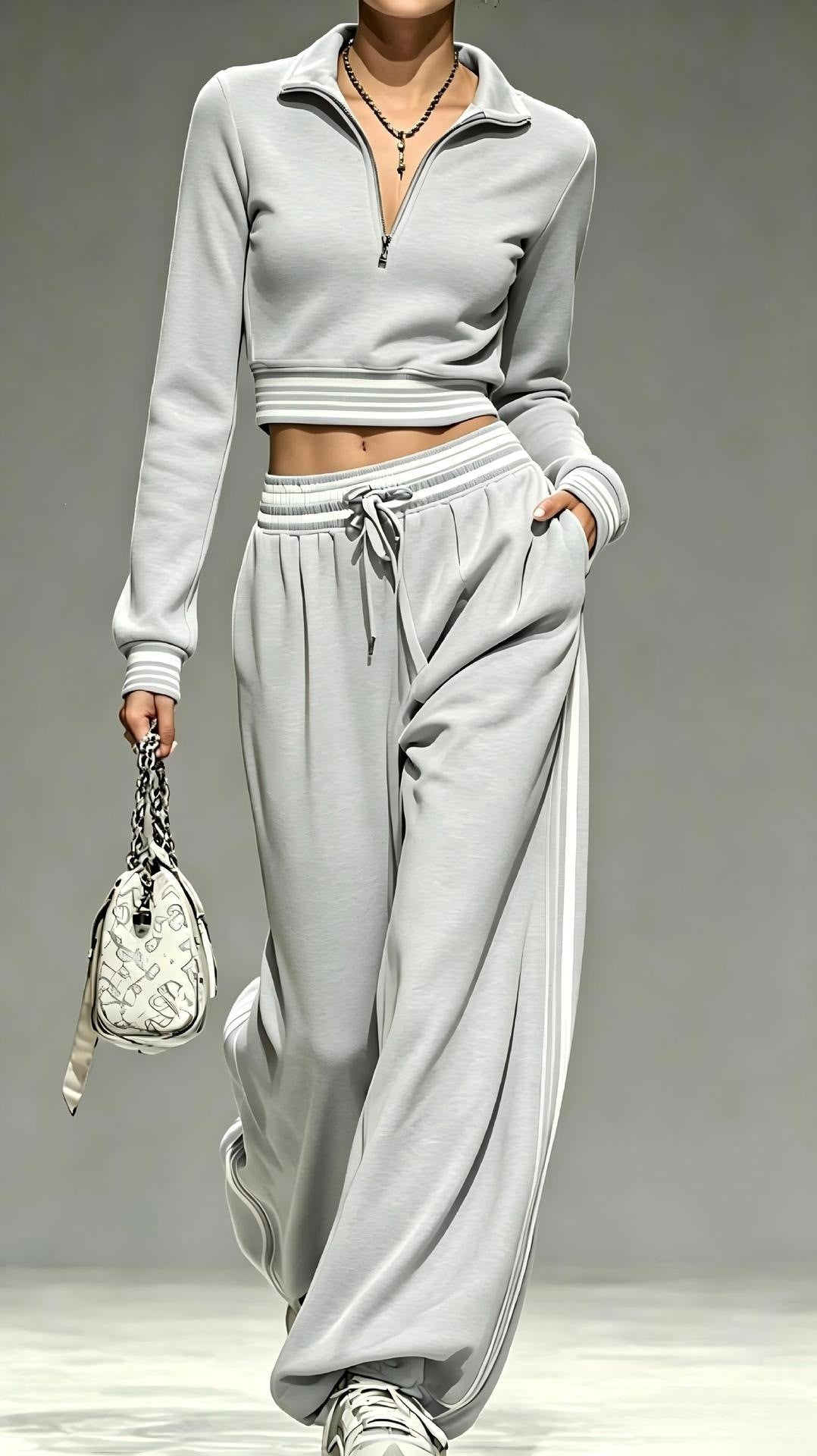 Damen Cropped-Trainingsset mit halbem Reißverschlusskragen und weitem Bundfalten-Jogger Nord Taschen