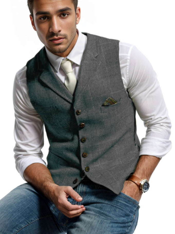 Herren Tweed-Weste im Vintage-Stil mit Revers, Brusttasche und Zierkettendetail Nord Taschen