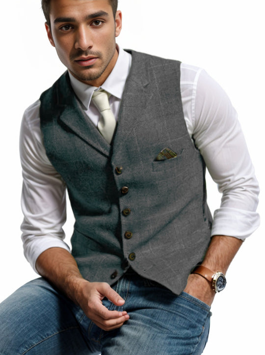 Herren Tweed-Weste im Vintage-Stil mit Revers, Brusttasche und Zierkettendetail Nord Taschen