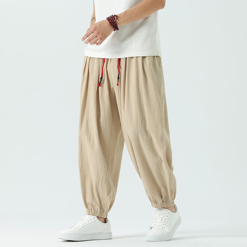 Herren locker geschnittene Leinen-Baumwoll Hose mit Kordelzug und elastischen Bündchen Nord Taschen
