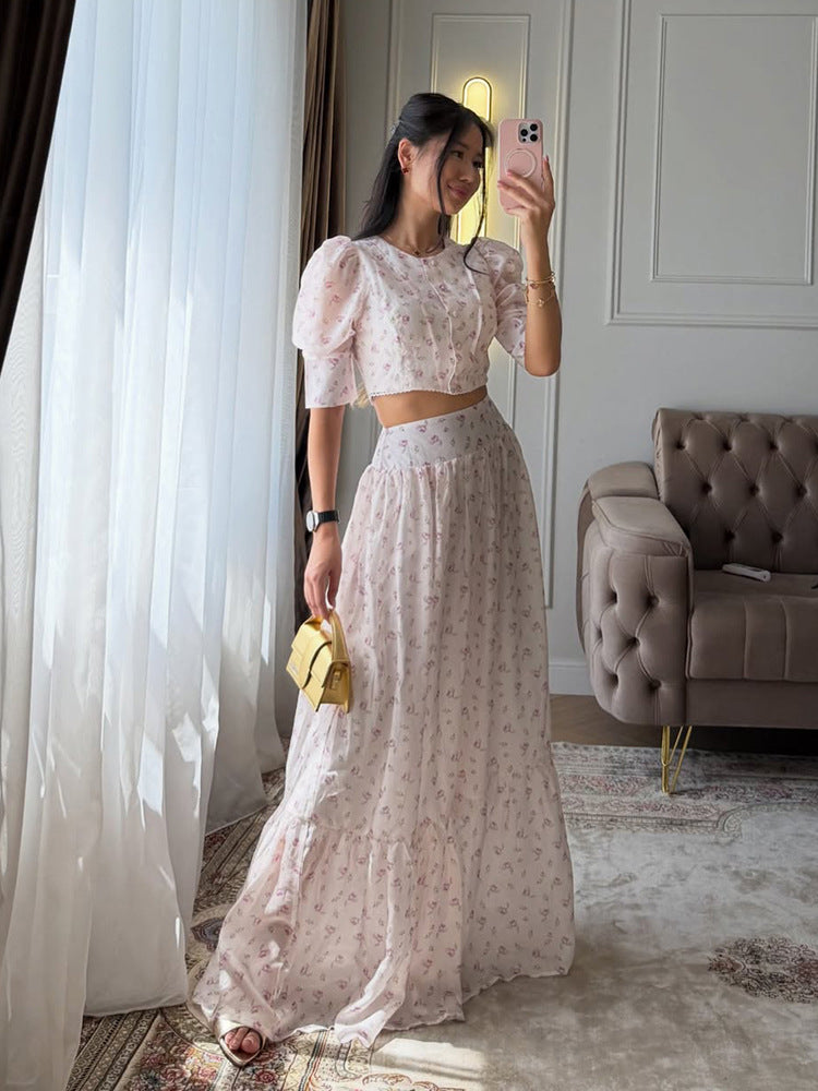 Damen Zweiteiliges Chiffon-Set mit Cropped-Puffbluse und Stufen-Maxirock Nord Taschen
