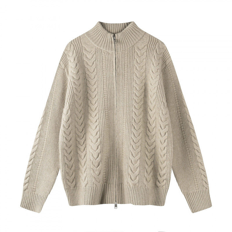 Damen Grobgestrickter Zopfstrick-Cardigan mit durchgehendem Reißverschluss und Stehkragen Nord Taschen