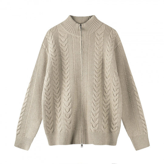 Damen Grobgestrickter Zopfstrick-Cardigan mit durchgehendem Reißverschluss und Stehkragen Nord Taschen