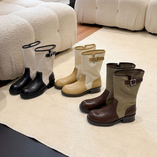 Damen Mid-Calf Stiefel aus Glattleder und Canvas mit Zier-Schnallenriemen Nord Taschen
