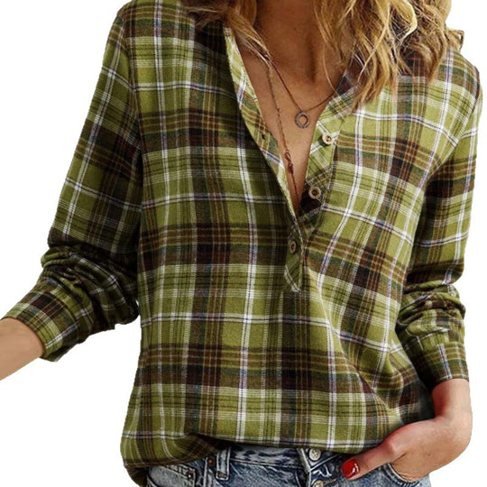 Damen Karo-Bluse im Oversize-Look mit V-Ausschnitt Knopfleiste und gerundetem Saum Nord Taschen