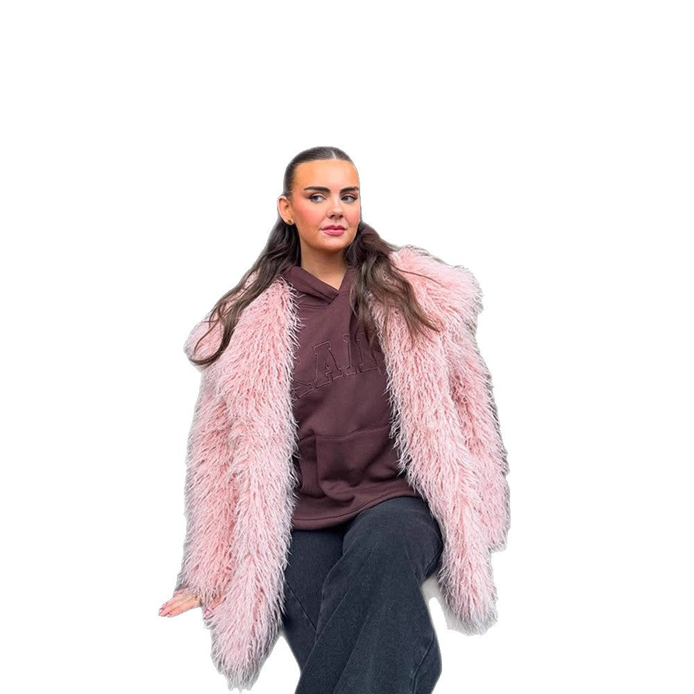 Damen Kurz geschnittener Oversize Kunstfell-Mantel mit voluminösem Schalkragen und lockiger Struktur Nord Taschen