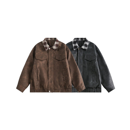 Herren Boxy Kunstleder‑Blouson mit kariertem Umlegekragen und Pattentaschen Nord Taschen