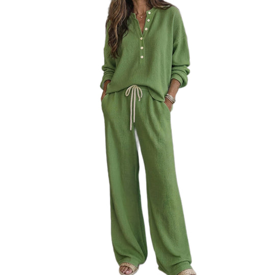 Damen Waffelstrick-Loungewear-Set mit Henley-Oberteil, Kordelbund und weiter Palazzo-Hose Nord Taschen