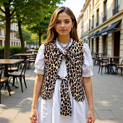 Damen Ärmellose Leopardprint-Bluse mit Doppelschleife und Keyhole-Front Nord Taschen