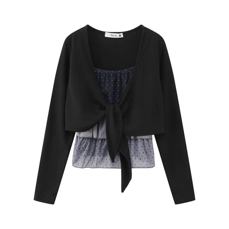 Damen Zweiteiliges Langarm-Top mit Knotenvorderseite und zartem Chiffon-Untertop Nord Taschen