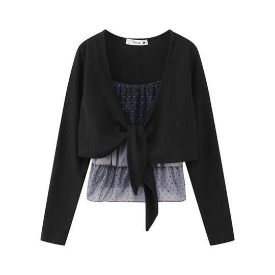 Damen Zweiteiliges Langarm-Top mit Knotenvorderseite und zartem Chiffon-Untertop Nord Taschen