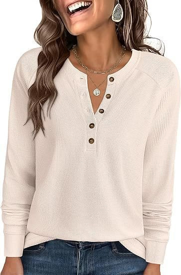 Damen Waffelstrick-Henley-Longsleeve mit Knopfleiste, Raglanärmeln und gerippten Bündchen Nord Taschen