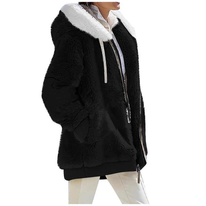 Damen Kuschelige Teddy-Kapuzenjacke mit Kontrastbesatz, Reißverschluss und Eingrifftaschen Nord Taschen