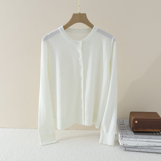 Damen Feiner Rundhals-Cardigan aus leichtem Feinstrick mit Perlmuttknopfleiste und dezentem Glitzereffekt Nord Taschen