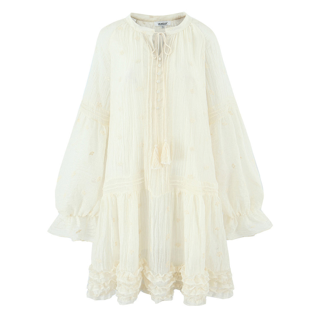 Damen Lockeres Boho-Minikleid mit Rüschen, Voluminösen Ballonärmeln und Quastenschnürung Nord Taschen