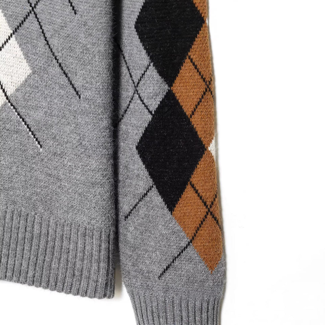 Damen Oversized Pullover mit Rautenmuster und Polokragen mit Knopfleiste Nord Taschen