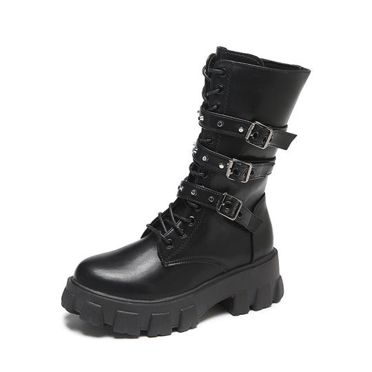 Damen Plateau-Bikerstiefel mit dreifacher Zierschnalle und massiver Profilsohle Nord Taschen