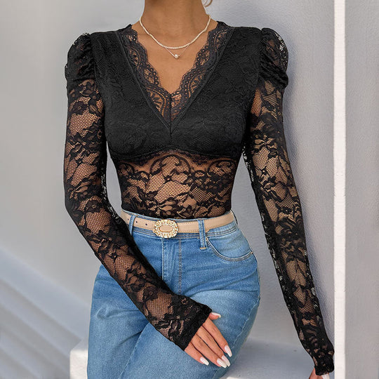Damen Figurbetonter Spitzenbody mit transparentem Mesh, V‑Ausschnitt und Puffärmeln Nord Taschen