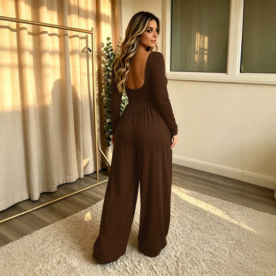Damen Langer Jumpsuit mit weitem Bein, tiefem Rundhals und Eingrifftaschen Nord Taschen