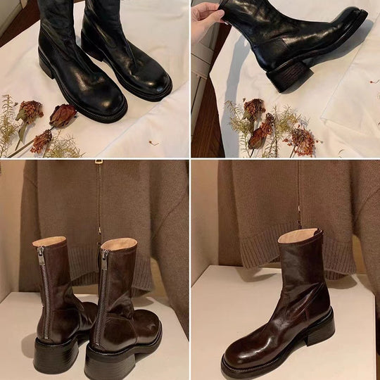 Damen Mid‑Calf Stretch-Lederstiefel mit runder Kappe und profilierter Plateausohle Nord Taschen