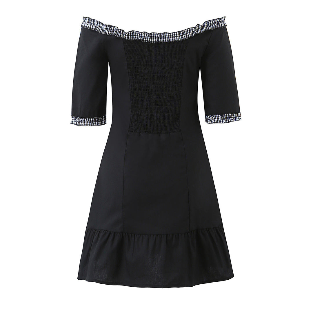 Damen Off-Shoulder Carmenkleid mit Knopfleiste, taillierter A‑Linie und kariertem Rüschenbesatz Nord Taschen