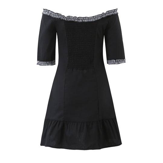 Damen Off-Shoulder Carmenkleid mit Knopfleiste, taillierter A‑Linie und kariertem Rüschenbesatz Nord Taschen