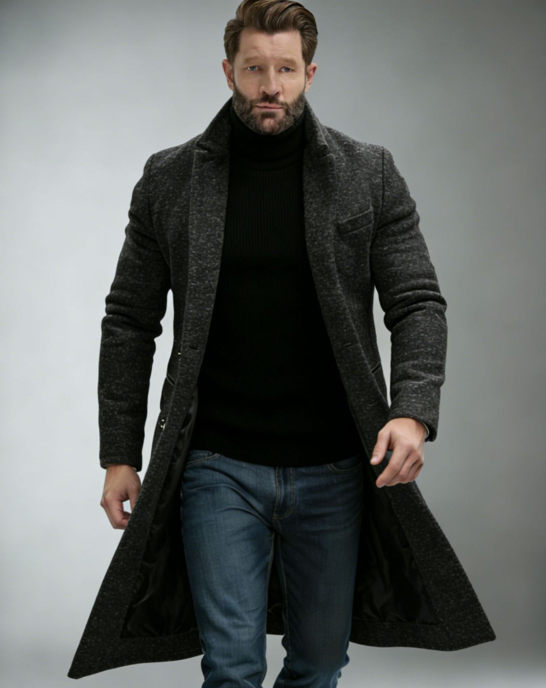 Herren Eleganter einreihiger Langmantel aus Wollmix mit schmaler Silhouette und Reverskragen Nord Taschen