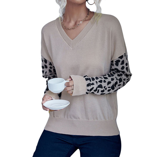 Damen V‑Ausschnitt Feinstrickpullover mit Leo‑Jacquardärmeln und überschnittener Passform Nord Taschen