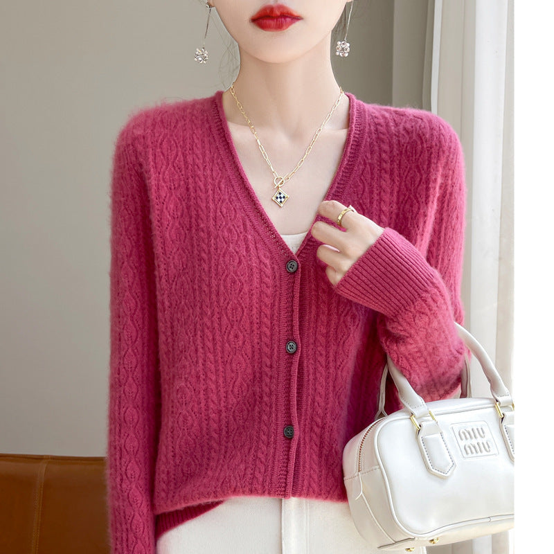 Damen Kurzer Zopfmuster-Cardigan im Mohair-Look mit V‑Ausschnitt und gerippten Bündchen Nord Taschen