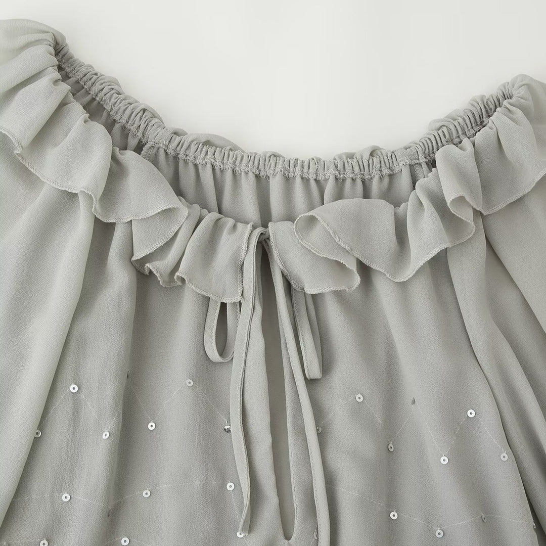 Damen Chiffon-Minikleid mit Rüschenkragen, Ballonärmeln und Paillettenbesatz Nord Taschen