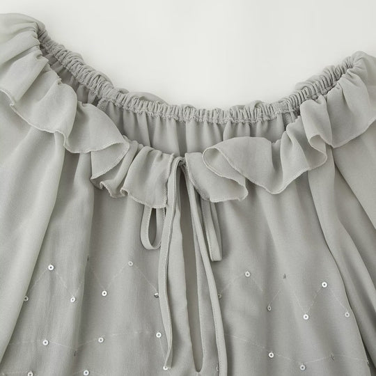 Damen Chiffon-Minikleid mit Rüschenkragen, Ballonärmeln und Paillettenbesatz Nord Taschen