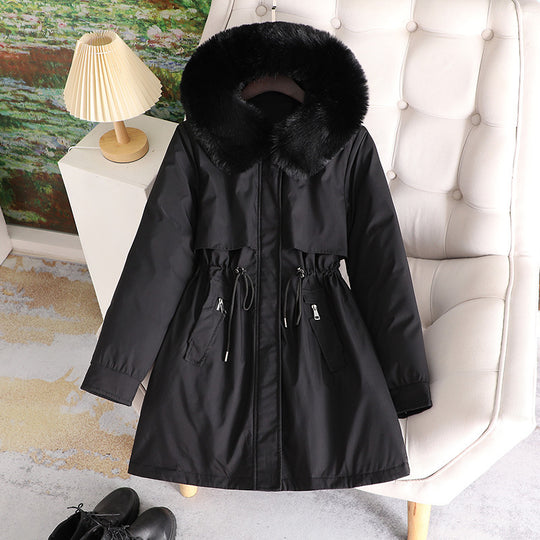 Damen nan mittellanger wasserabweisender Parka mit voluminösem Kunstfellkragen, Taillenzug und multifunktionalen Pattentaschen Nord Taschen