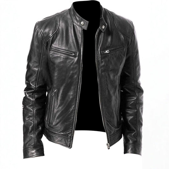 Herren vintage-inspirierte Lederjacke im Bikerstil mit Stehkragen und sichtbaren Reißverschlüssen Nord Taschen