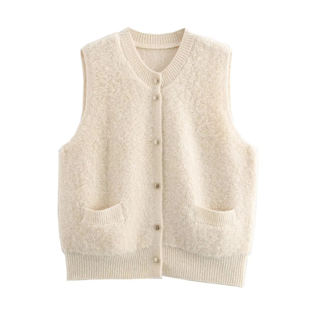 Damen Ärmellose Teddy‑Weste mit Knopfleiste und aufgesetzten Taschen Nord Taschen