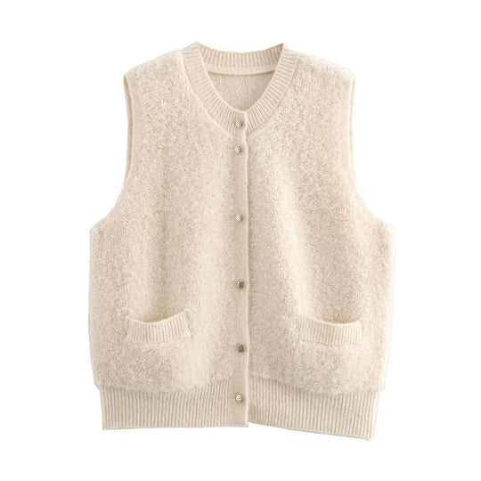 Damen Ärmellose Teddy‑Weste mit Knopfleiste und aufgesetzten Taschen Nord Taschen