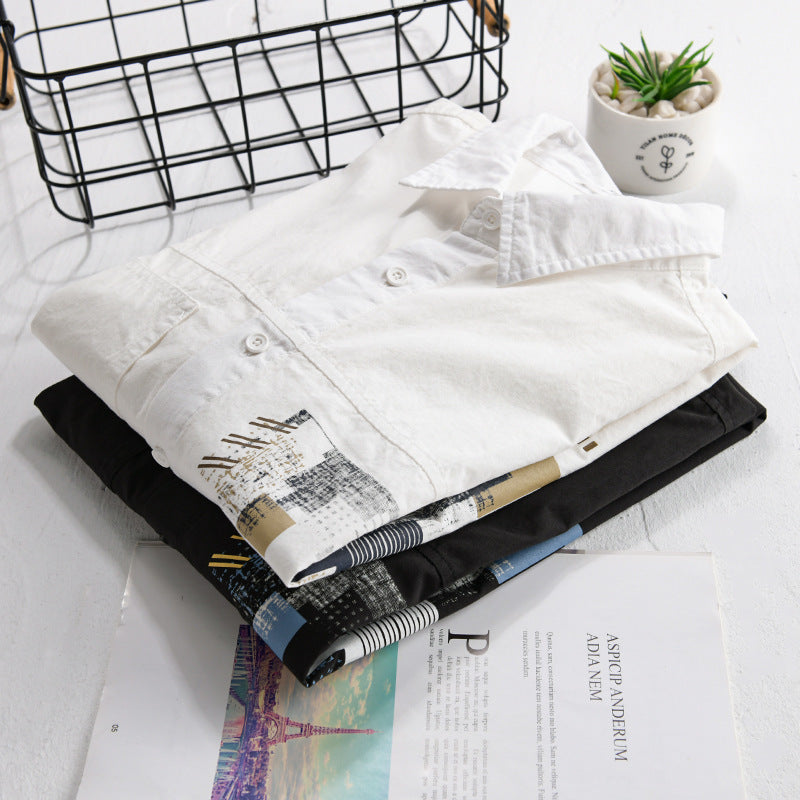 Herren Leichtes Baumwoll-Canvas-Overshirt mit abstraktem Frontprint und Doppelbrusttasche Nord Taschen