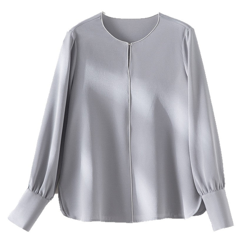 Damen Elegante seidenähnliche Bluse mit Kontrastpaspel und verlängerten Manschetten Nord Taschen